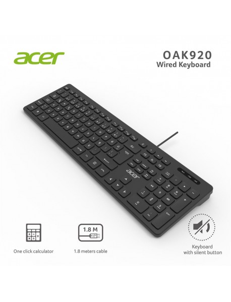 Acer OAK920 Q Usb SİYAH 1.8mt Kablolu Klavye/Tek Tuş Hesap Makinalı (Sessiz Tuş)
