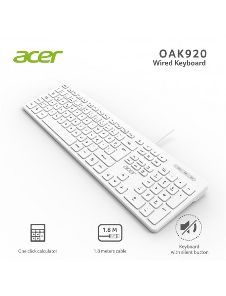 Acer OAK920 Q Usb Beyaz 1.8mt Kablolu Klavye/Tek Tuş Hesap Makinalı (Sessiz Tuş)