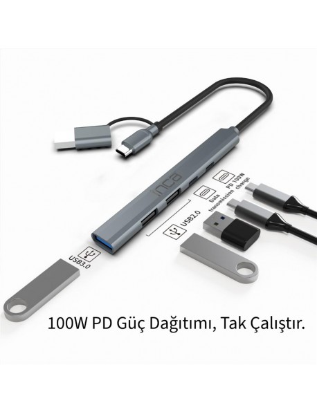 Inca IUTP-06TX 5in1 USB 3.0 + 2xUSB 2.0+Type-C+PD 100W USB+Type-C Çoklayıcı 3.0 ile 5 Gbps
